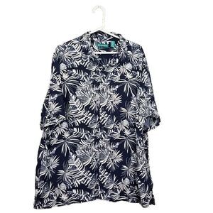 CUBAVERA  XXL Navy Off White Button Down Hawaiian Beach Casual Shirt Leaf Print